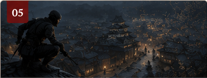 Ninja in darkness overlooking Sengoku battlefield — intelligence network