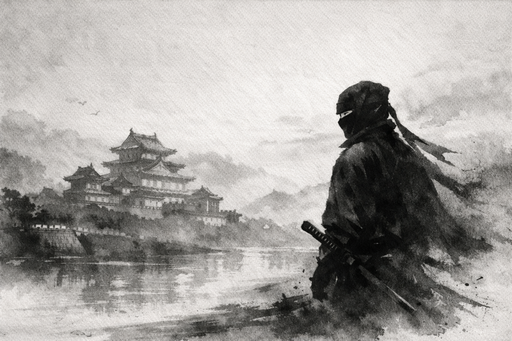 Ninja warrior in mist with Japanese castle — shinobi arts history archive