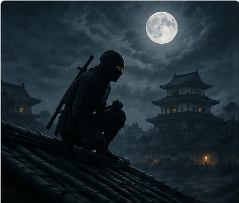 Real shinobi moving silently through feudal Japan under moonlight, representing the true history of ninja beyond myth