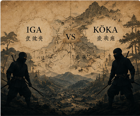 Iga and Koka ninja warriors representing the two legendary shinobi traditions of feudal Japan