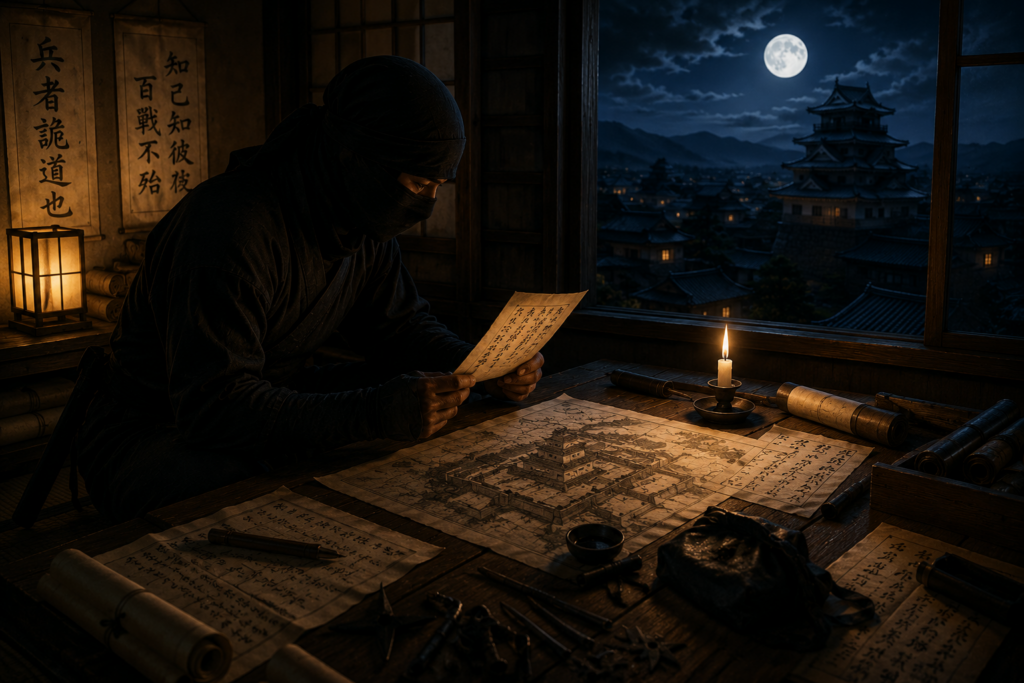 Historical shinobi gathering intelligence in secret using maps, coded scrolls, and covert communication inside a dimly lit Sengoku-era room