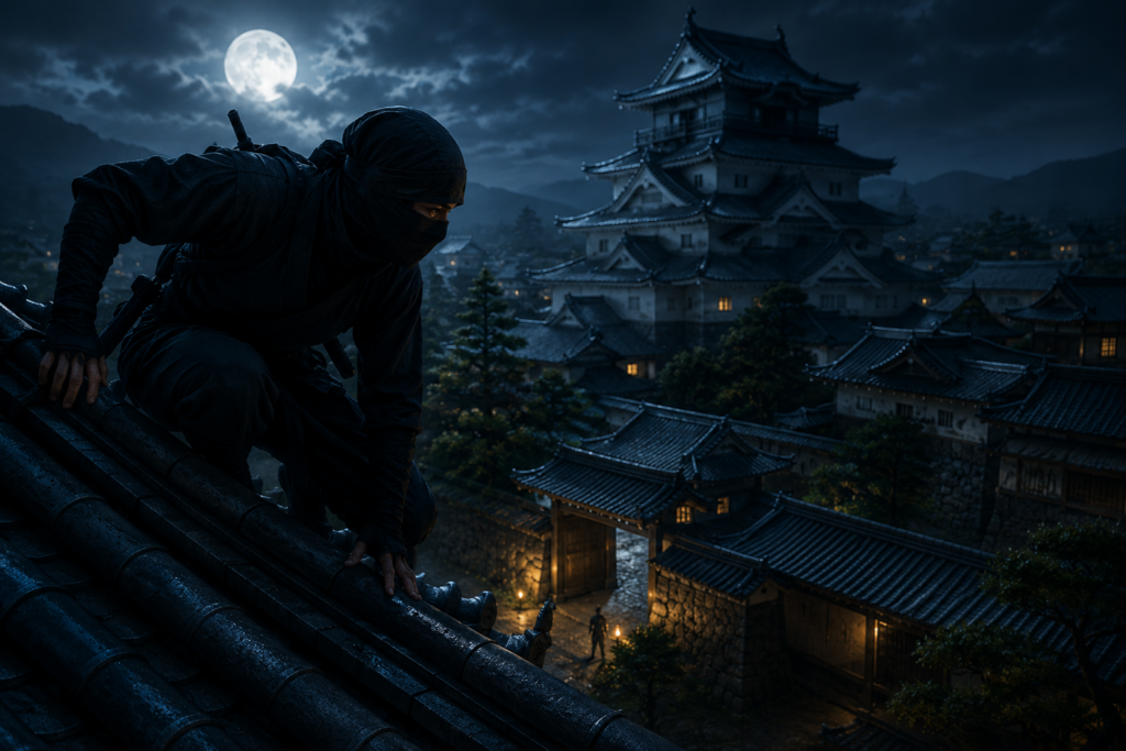 Historical shinobi moving silently through a dark feudal Japanese castle corridor using stealth and infiltration techniques during the Sengoku period
