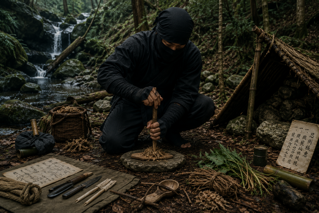 Real shinobi traveling through rugged mountain terrain with survival tools and fieldcraft equipment during Japan’s Sengoku period