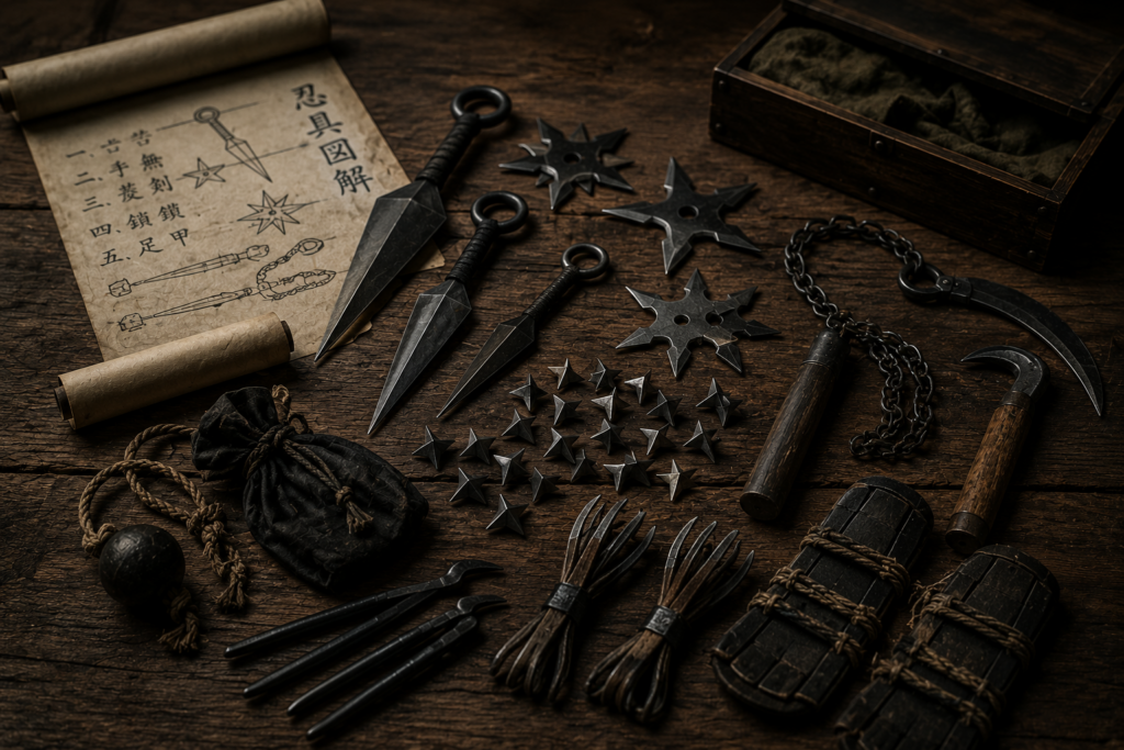 Traditional ninja tools and tactical equipment including shuriken, kunai, makibishi, and climbing gear arranged on a wooden surface in historical Japanese style